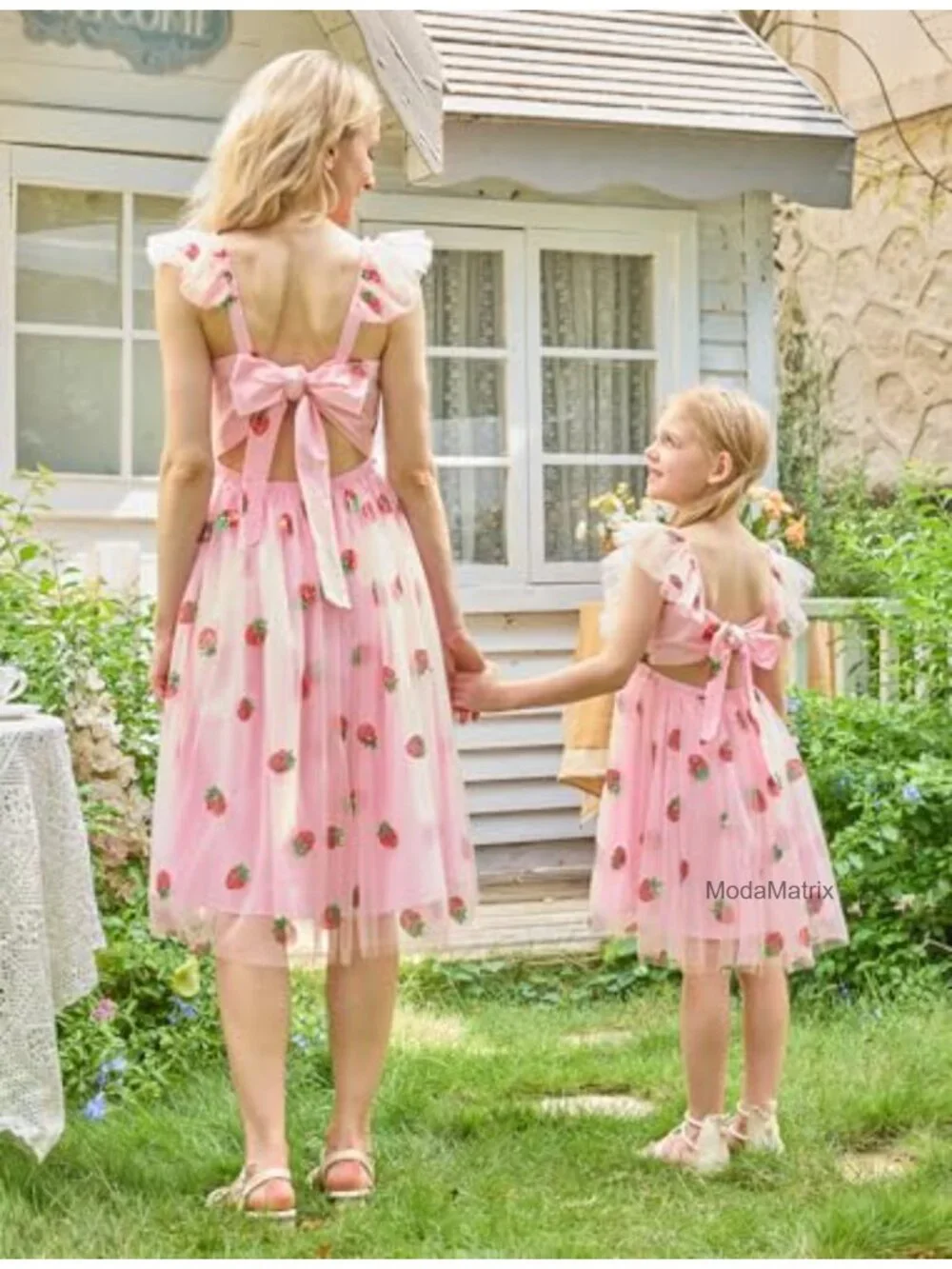 Girls Strawberry Sequined Tulle A-Line Dress Flutter Sleeve Bow Back